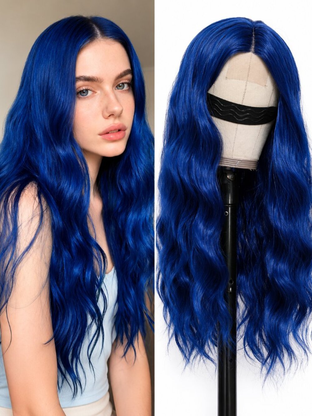 Beelu Dark Blue Long Curly Wig
